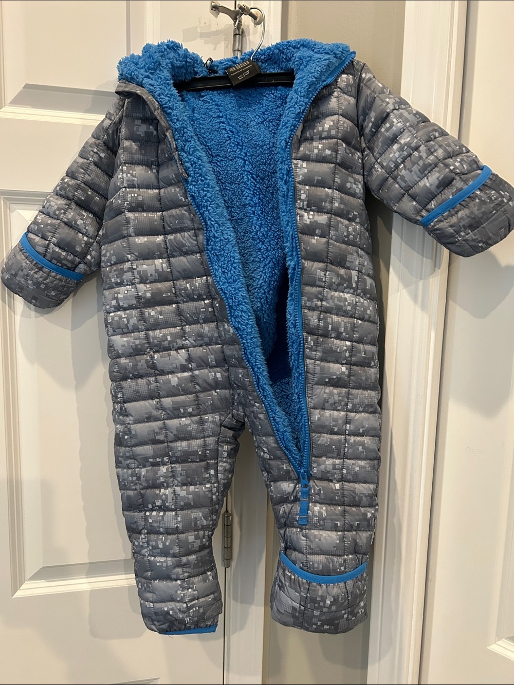 Snozu Gray Quilted One-Piece with Bright Blue Sherpa Lining